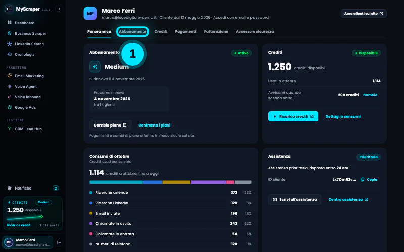 La pagina Account di Marco Ferri nella scheda Panoramica: le sei schede Panoramica, Abbonamento, Crediti, Pagamenti, Fatturazione e Accesso e sicurezza, il pulsante Area clienti sul sito, la card Abbonamento con il piano Medium attivo e il rinnovo il 4 novembre, la card Crediti con 1.250 crediti disponibili, i consumi di ottobre e la card Assistenza