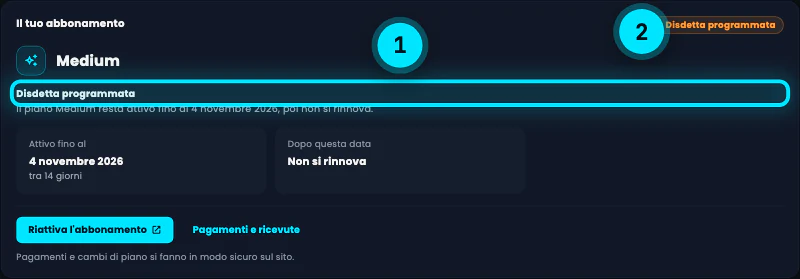 La card Il tuo abbonamento con lo stato Disdetta programmata: il piano Medium resta attivo fino al 4 novembre 2026, poi non si rinnova; i riquadri Attivo fino al 4 novembre 2026 e Dopo questa data Non si rinnova e il pulsante Riattiva l'abbonamento