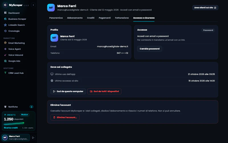 La scheda Accesso e sicurezza dell'Account di Marco Ferri: il Profilo con email e telefono, la card Accesso con il metodo email e password e il pulsante Cambia password, Dove sei collegato con l'ultimo uso dell'app il 21 ottobre e l'ultimo accesso al sito il 19 ottobre, i pulsanti Esci da questo computer ed Esci da tutti i dispositivi e la card Elimina l'account