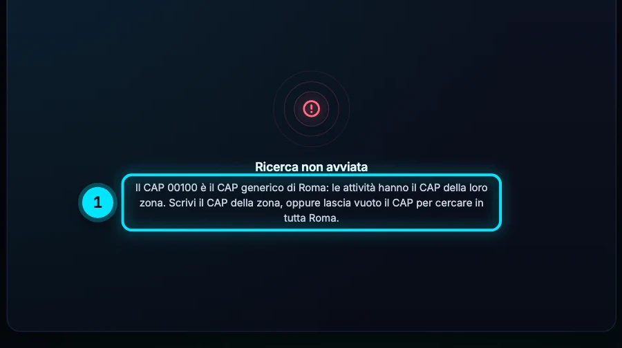 Il messaggio «Il CAP 00100 è il CAP generico di Roma: le attività hanno il CAP della loro zona», con l'invito a scrivere il CAP della zona o a lasciarlo vuoto.
