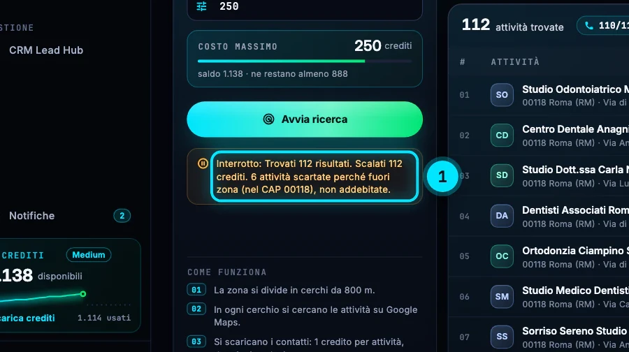 Il messaggio finale «Interrotto: Trovati 112 risultati. Scalati 112 crediti.» con i 112 risultati già consegnati nella tabella.