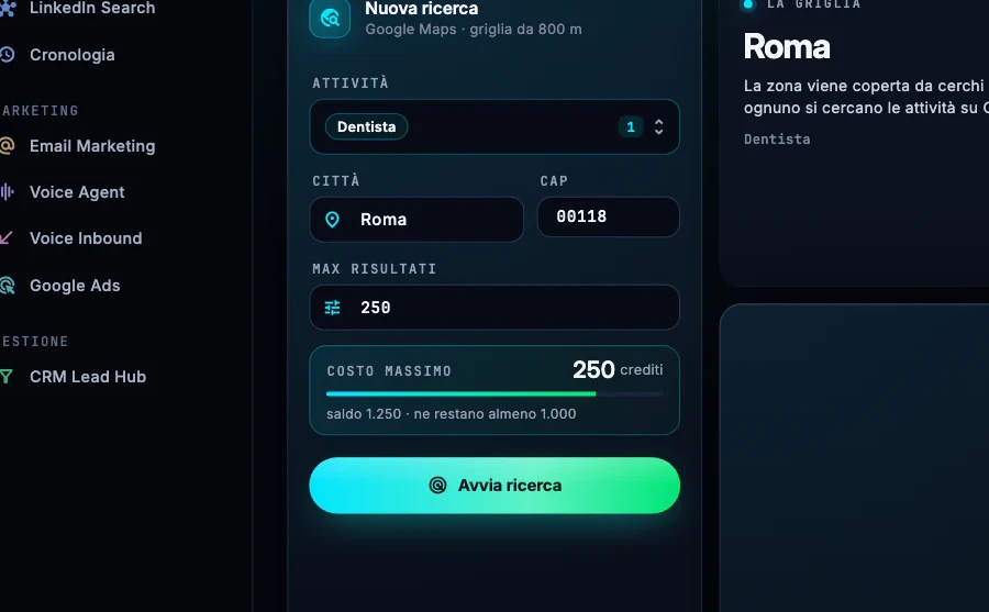 Il modulo di Business Scraper compilato: Attività Dentista, Città Roma, CAP 00118, Max risultati 250 e il riquadro Costo massimo con 250 crediti su un saldo di 1.250.