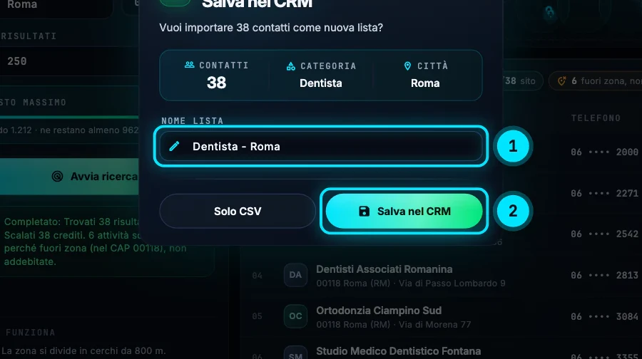 La finestra «Salva nel CRM» alla fine della ricerca: 38 contatti, categoria Dentista, città Roma e il nome della lista «Dentista - Roma».
