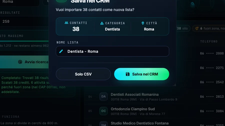 La finestra «Salva nel CRM» alla fine della ricerca: 38 contatti, categoria Dentista, città Roma e il nome della lista «Dentista - Roma».