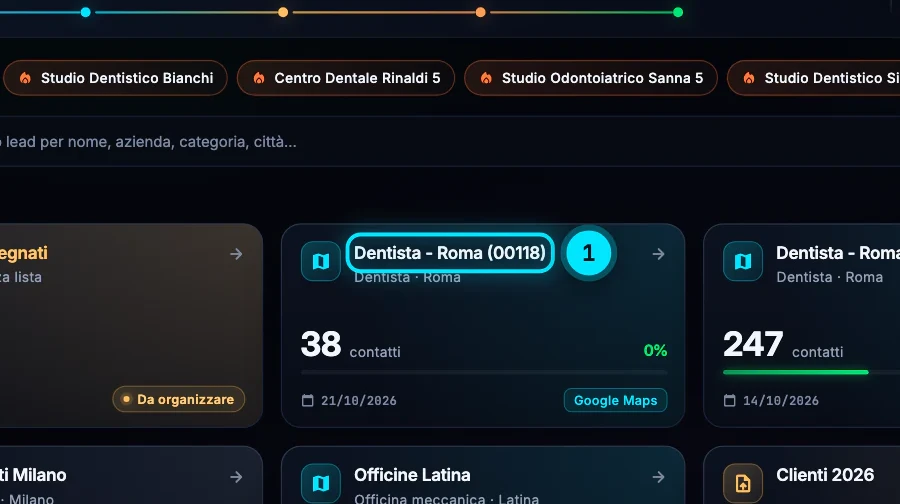 La scheda Liste del CRM con in cima la lista appena creata «Dentista - Roma (00118)» con 38 contatti.