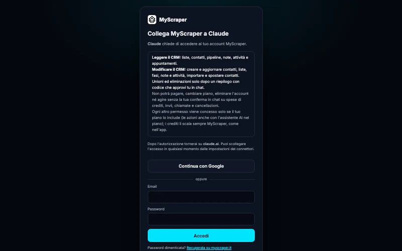 La pagina di autorizzazione di MyScraper con i permessi del piano: unioni ed eliminazioni solo dopo un riepilogo con codice approvato in chat, e cosa l'assistente non potrà fare senza la tua conferma.