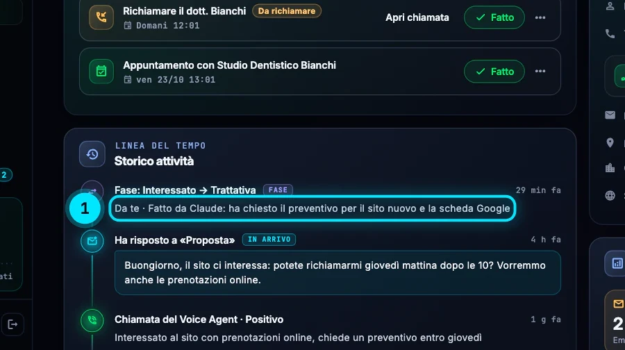 La scheda dello Studio Dentistico Bianchi con lo storico attività: il passaggio da Interessato a Trattativa segnato «Da te · Fatto da Claude: ha chiesto il preventivo per il sito nuovo e la scheda Google».