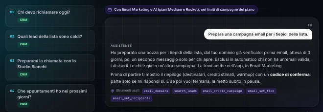 Le sei domande di esempio della pagina Claude e ChatGPT, divise per CRM, Email Marketing e Google Ads, con la risposta d'esempio alla richiesta di una campagna email per i tiepidi.