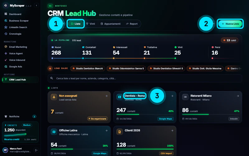 La scheda Liste di CRM Lead Hub con il riepilogo della pipeline (268 nuovi, 131 contattati, 54 interessati, 21 in trattativa, 25 vinti, 16 persi, 13 caldi), il riquadro Non assegnati con 7 contatti e le liste Dentista - Roma (247 contatti), Ristoranti Milano (86), Officine Latina (54) e Clienti 2026 (128)
