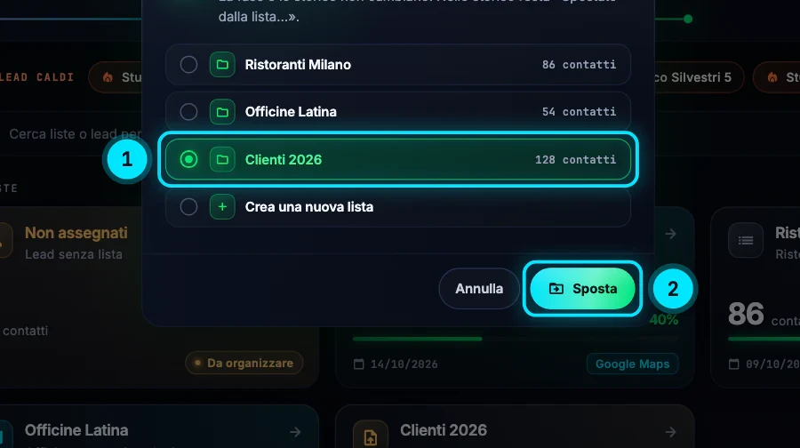 La finestra Sposta Studio Dentistico Bianchi in una lista: le liste Ristoranti Milano (86 contatti), Officine Latina (54) e Clienti 2026 (128, scelta) e la voce Crea una nuova lista, con i pulsanti Annulla e Sposta