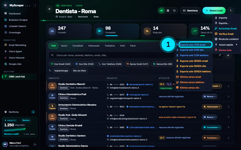 Il sottomenu Azioni rapide aperto dal menu della lista: Esporta solo CON email, CON sito, CON telefono, Esporta solo SENZA email, SENZA sito, SENZA telefono, poi Elimina senza email, telefono o sito