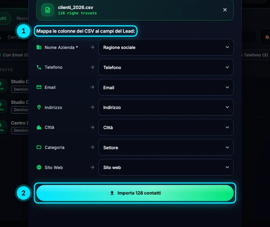 La mappatura delle colonne: Ragione sociale abbinata a Nome Azienda, Telefono a Telefono, Email a Email, Indirizzo a Indirizzo, Città a Città, Settore a Categoria e Sito web a Sito Web; in fondo il pulsante Importa 128 contatti
