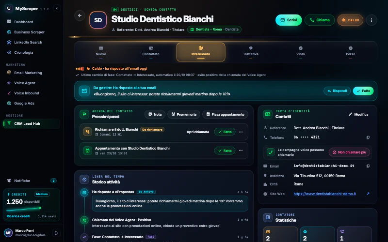 La scheda dello Studio Dentistico Bianchi con il livello Caldo, ha risposto all'email oggi, sotto la barra delle fasi, il pulsante CALDO in alto a destra e la risposta da gestire in evidenza