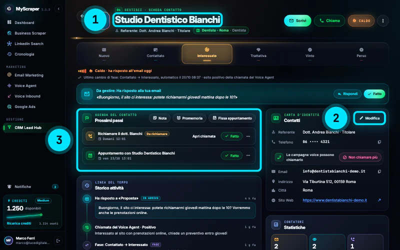 La scheda dello Studio Dentistico Bianchi: referente Dott. Andrea Bianchi, lista Dentista - Roma, fase Interessato, livello Caldo perché ha risposto all'email oggi, la risposta da gestire in evidenza, i Prossimi passi con una richiamata e un appuntamento, i Contatti a destra e l'inizio dello Storico attività