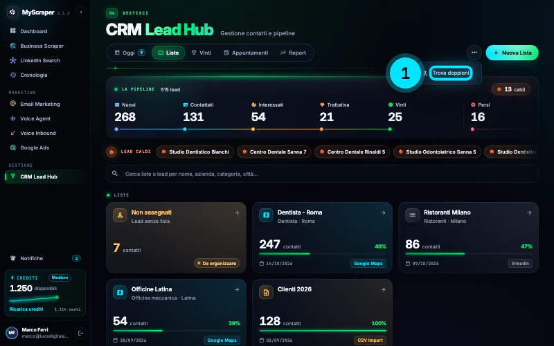 La scheda Liste del CRM con il menu Altre azioni aperto accanto al pulsante Nuova Lista e la voce Trova doppioni