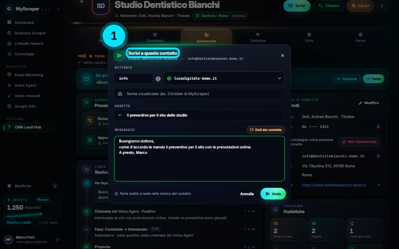 La finestra Scrivi a questo contatto per lo Studio Dentistico Bianchi: mittente info sul dominio verificato lucedigitale-demo.it, il nome visualizzato, l'oggetto Il preventivo per il sito dello studio, il messaggio, il pulsante Dati del contatto e in basso Annulla e Invia