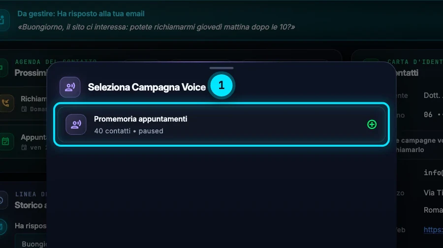 La finestra Seleziona Campagna Voice aperta dalla scheda dello Studio Dentistico Bianchi, con la campagna Promemoria appuntamenti e i suoi 40 contatti