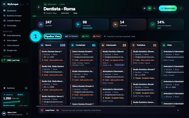 La lista Dentista - Roma nella vista Kanban: Pipeline View con 207 lead in pipeline, 20 vinti e 20 persi, le colonne Nuovo (103), Contattato (61), Interessato (22), Trattativa (21) e Vinto con le schede dei contatti e il loro livello; in fondo la barra Lead Persi