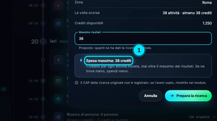 La finestra «Ripeti la ricerca» con le attività e la città della ricerca di prima, il massimo dei risultati e il costo massimo in crediti.