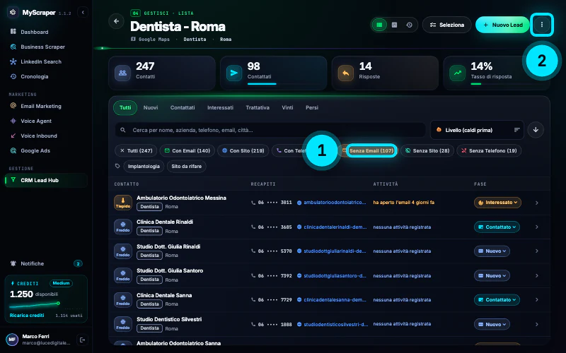 La lista «Dentista - Roma» del CRM con il filtro «Senza Email» attivo: 107 contatti senza indirizzo email.