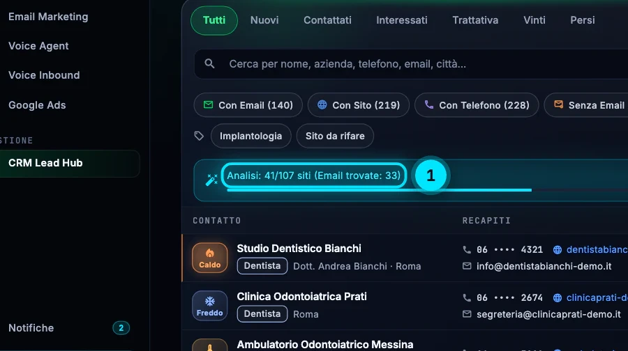 La lista «Dentista - Roma» durante l'arricchimento: la barra di avanzamento dice «Analisi: 41/107 siti (Email trovate: 33)».