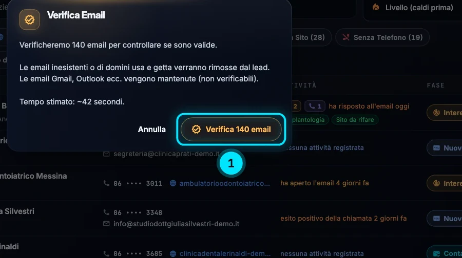 La finestra «Verifica Email»: verificheremo 140 email; le email inesistenti o di domini usa e getta verranno rimosse dal lead, quelle Gmail e Outlook restano.