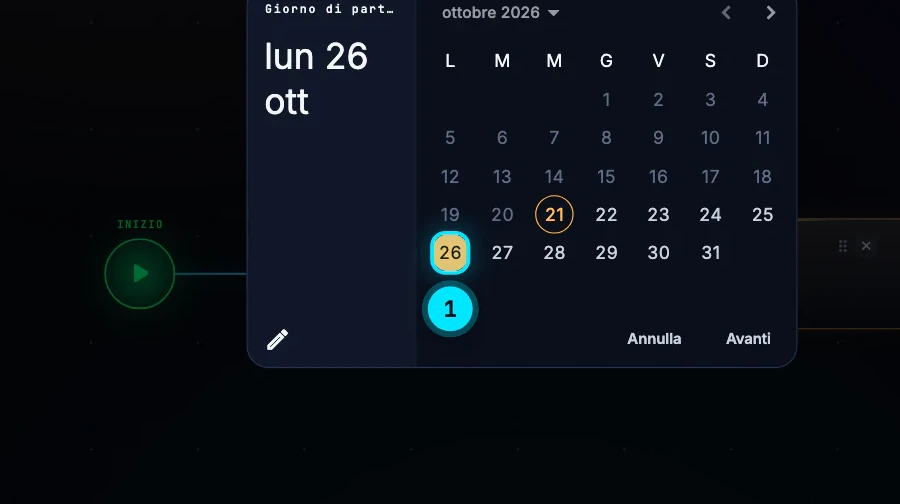 Il calendario «Giorno di partenza» aperto da Programma, con lunedì 26 ottobre selezionato; dopo si sceglie l'ora.