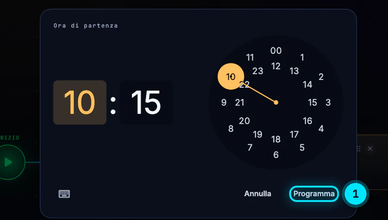 L'orologio «Ora di partenza» che si apre dopo aver scelto il giorno: ore e minuti da impostare e i pulsanti Annulla e Programma.