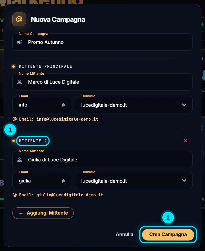 La finestra «Nuova Campagna» con il mittente principale info@lucedigitale-demo.it e, sotto, il Mittente 2 aggiunto con Aggiungi Mittente: nome Giulia di Luce Digitale e indirizzo giulia@lucedigitale-demo.it.