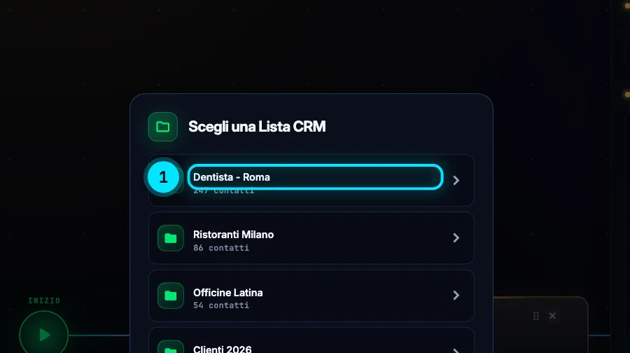 La finestra «Scegli una Lista CRM» con le liste Dentista - Roma, Ristoranti Milano, Officine Latina e Clienti 2026.