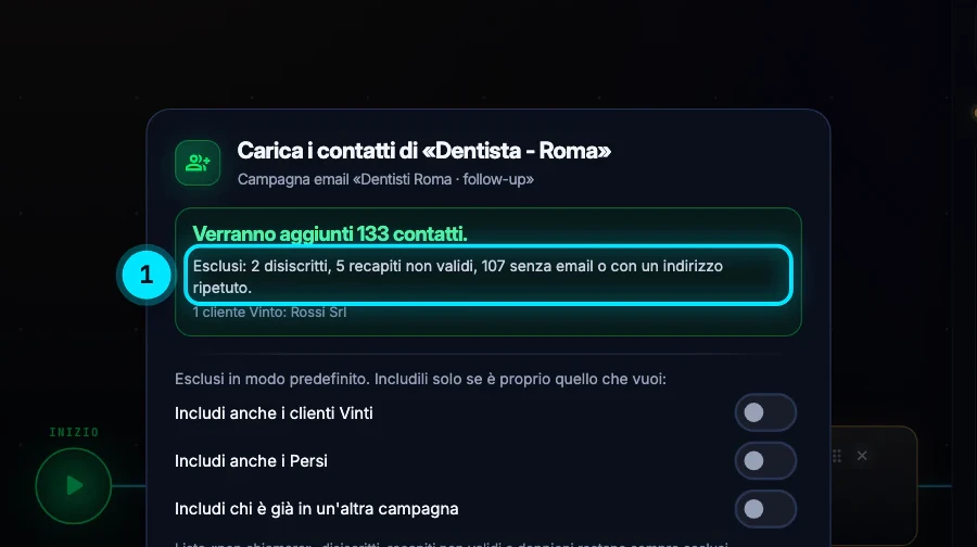Il riepilogo prima di caricare i contatti di Dentista - Roma: 133 destinatari, esclusi 2 disiscritti e 5 indirizzi non validi.