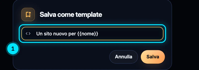 La finestra «Salva come template» aperta dall'editor avanzato in HTML grezzo, con il campo Nome del template e i pulsanti Annulla e Salva.