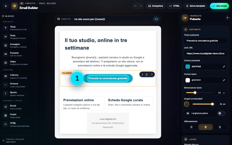 L'Email Builder con la newsletter di Luce Digitale: a sinistra i blocchi, al centro l'email con titolo, testo, pulsante «Prenota la consulenza gratuita» e piè di pagina, a destra le proprietà del pulsante selezionato.