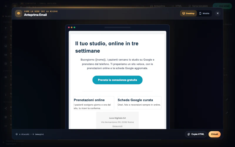 L'anteprima della newsletter come la vedrà chi la riceve, con la scelta fra computer e telefono.