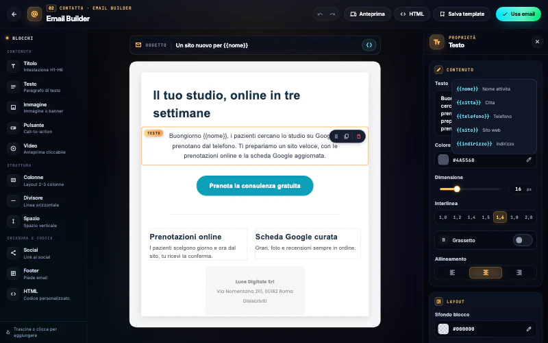 Il menu «Inserisci variabile» aperto sul testo dell'email, con nome azienda, città e altre variabili del contatto.