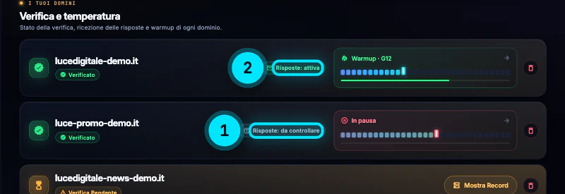 Le card dei domini: lucedigitale-demo.it con «Risposte: attiva» e luce-promo-demo.it con «Risposte: da controllare».