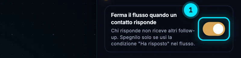 Il riquadro Risposte nella pagina della campagna: l'interruttore «Ferma il flusso quando un contatto risponde» acceso, con la spiegazione: chi risponde non riceve altri follow-up.