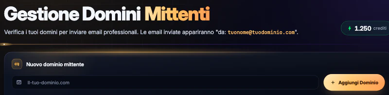 La pagina «Gestione Domini Mittenti» ancora senza domini: il campo «Nuovo dominio mittente» e il pulsante Aggiungi Dominio.