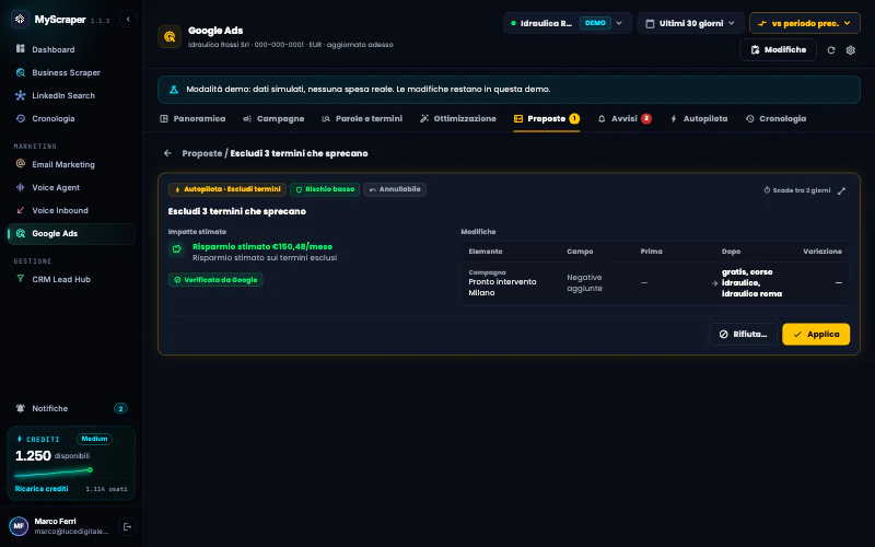 Il dettaglio di una proposta dell'account demo: chi l'ha proposta, l'impatto stimato e la tabella delle differenze fra prima e dopo, con i pulsanti Rifiuta e Applica.