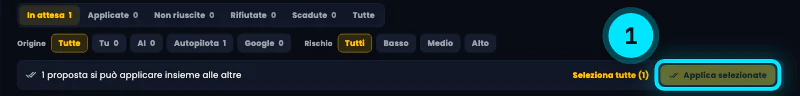 I filtri della scheda Proposte: stato (In attesa, Applicate, Non riuscite, Rifiutate, Scadute, Tutte), origine (Tu, AI, Autopilota, Google) e rischio (Basso, Medio, Alto), con Seleziona tutte e Applica selezionate.
