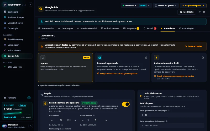 La scheda Autopilota dell'account demo con il livello di autonomia, i limiti di spesa e le regole attive.