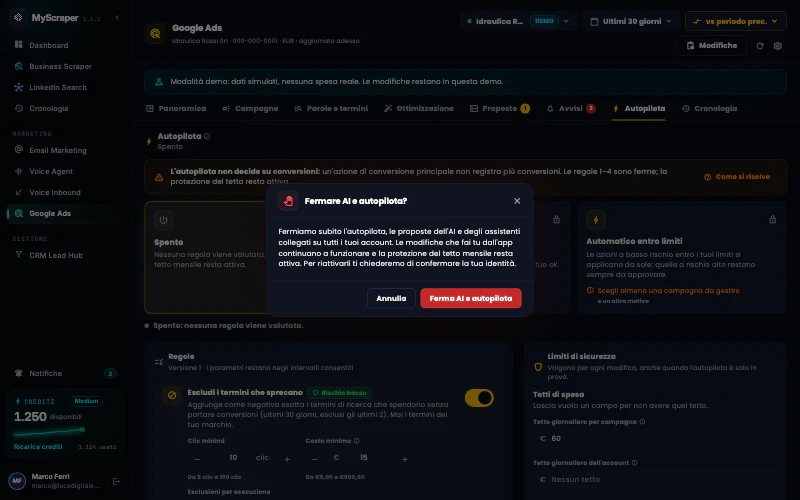 La finestra di conferma «Fermare AI e autopilota?»: si fermano subito l'autopilota e le proposte dell'AI e degli assistenti collegati su tutti gli account; le modifiche fatte dall'app continuano a funzionare.