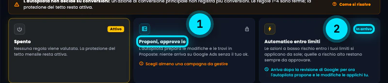 Il Livello di autonomia dell'autopilota con tre scelte: Spento, Proponi, approvo io e Automatico entro limiti, quest'ultimo con il segno In arrivo.