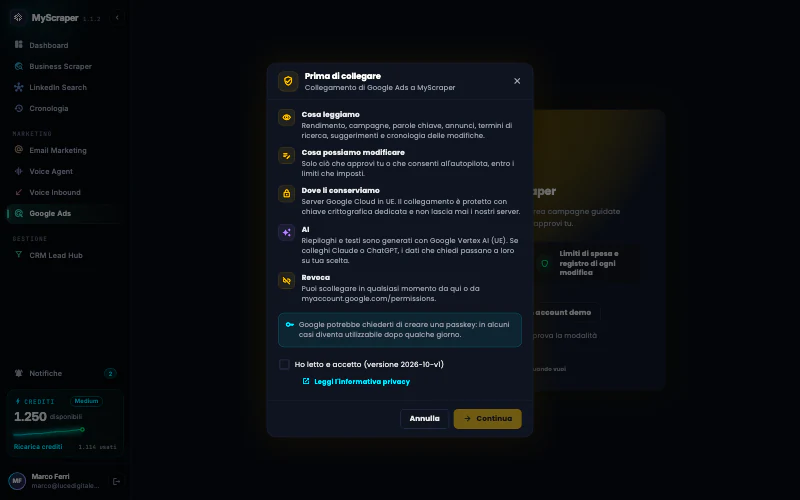 La finestra che si apre prima del collegamento: cosa MyScraper legge del tuo account Google Ads e cosa può modificare, sempre con la tua approvazione.