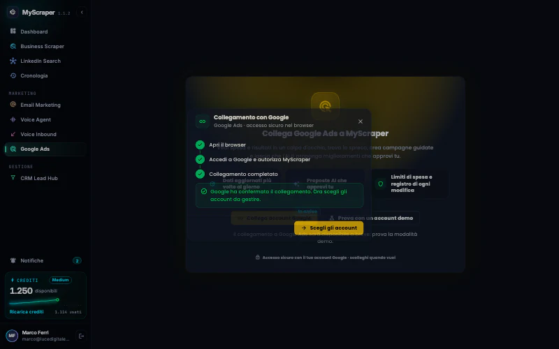 La finestra «Collegamento con Google» con le tre fasi: apri il browser, accedi a Google e autorizza MyScraper, collegamento completato, e il pulsante «Scegli gli account».