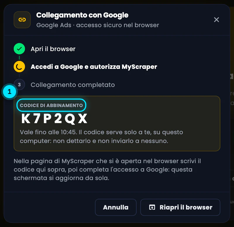 La finestra «Collegamento con Google» in attesa: il browser è aperto, il codice di abbinamento K7P2QX in grande con la scadenza, l'avviso di non dettarlo e non inviarlo a nessuno e il pulsante Copia il link.