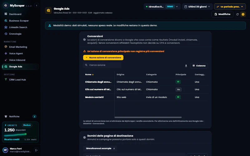 Le impostazioni dell'account demo con la sezione Conversioni: le azioni di conversione, quale è principale e il codice da installare.