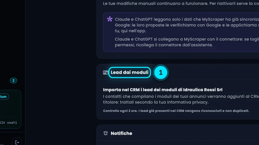 La sezione «Lead dai moduli» delle impostazioni: i contatti lasciati nei moduli degli annunci arrivano nel CRM.