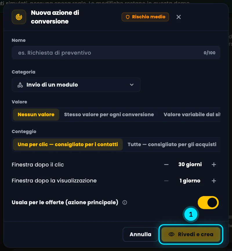 La finestra «Nuova azione di conversione»: nome, categoria, valore, conteggio (una per clic o tutte), finestre dopo il clic e dopo la visualizzazione e la casella Usala per le offerte, con Rivedi e crea.