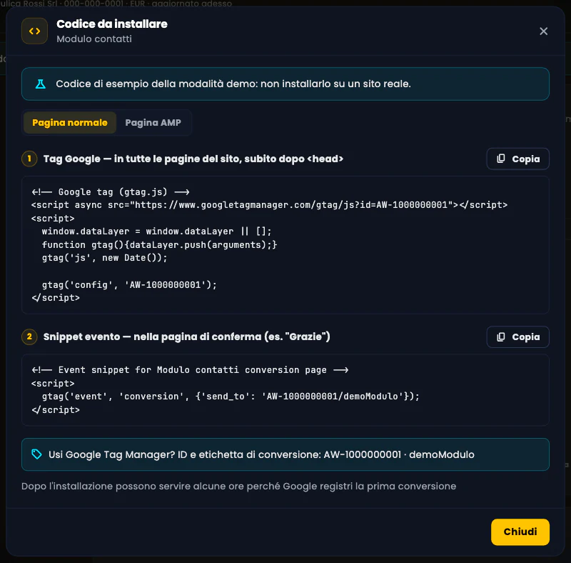 La finestra «Codice da installare» di un'azione di conversione demo: il tag Google da mettere in tutte le pagine subito dopo <head> e lo snippet evento per la pagina di conferma, con il pulsante Copia.